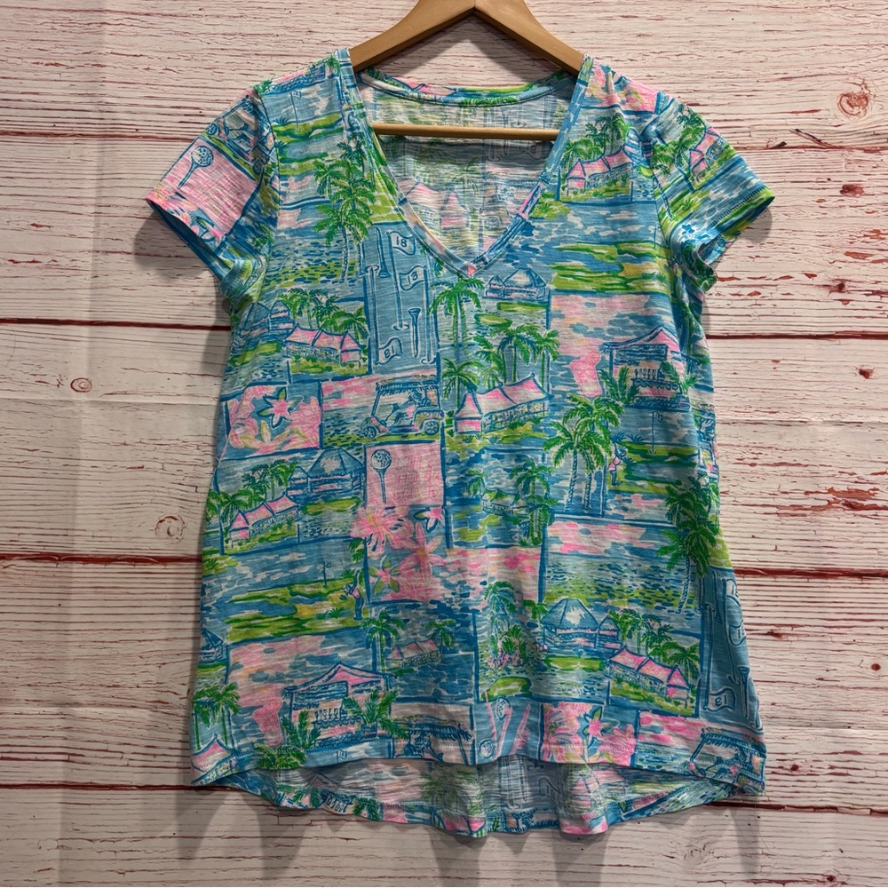 Lilly Pulitzer Etta V Neck Top in Multi Honda Classic Sz S